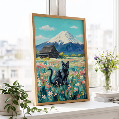 Whiskers Beneath the Peak, blue, green, pink nature wall art displayed in a styled interior, gallery view 9