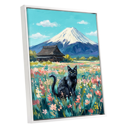 Whiskers Beneath the Peak, blue, green, pink nature wall art shown as a white framed canvas wall art