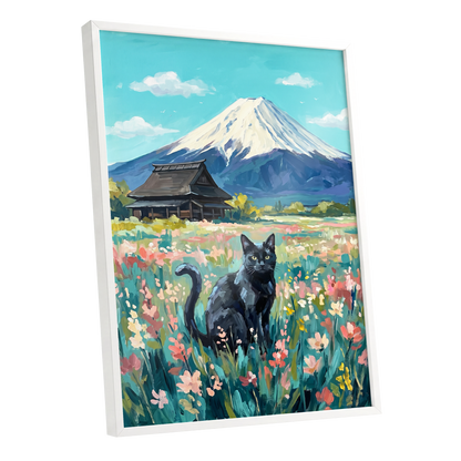 Whiskers Beneath the Peak, blue, green, pink nature wall art shown as a white framed poster wall art print