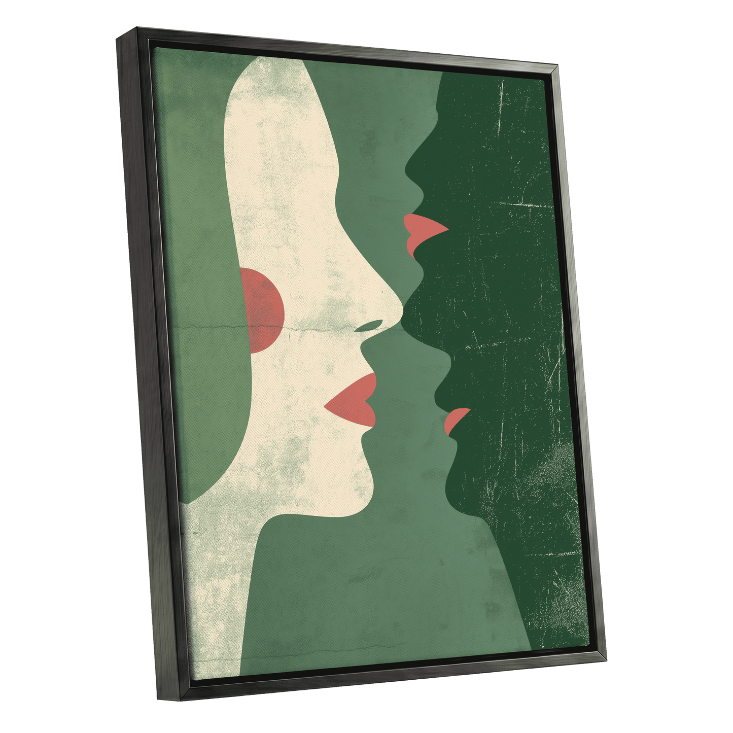 Whispered Profiles, green, beige, red minimalist wall art shown as a black framed canvas wall art