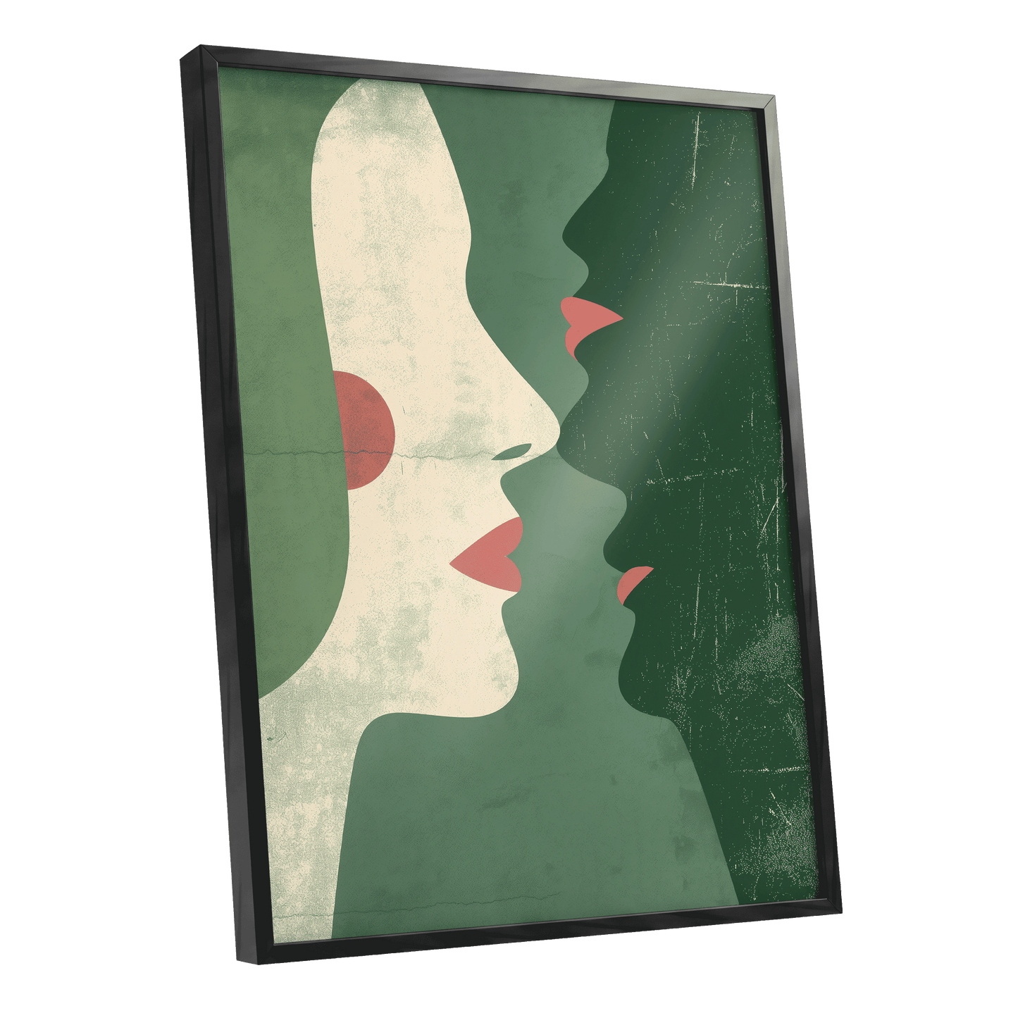 Whispered Profiles, green, beige, red minimalist wall art shown as a black framed poster wall art print
