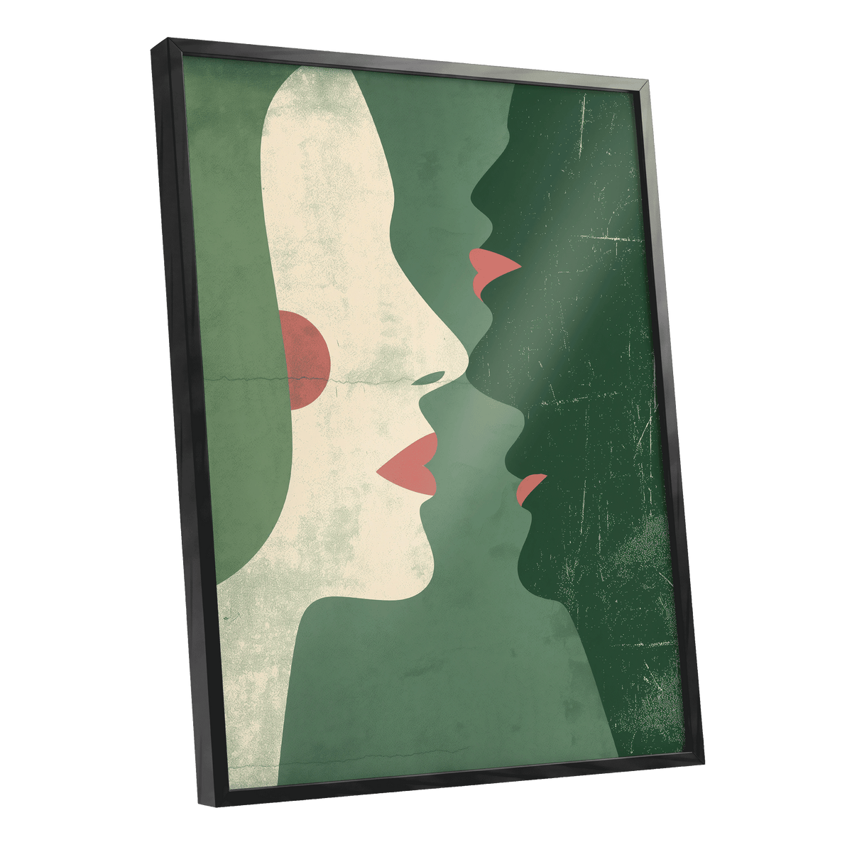 Whispered Profiles, green, beige, red minimalist wall art shown as a black framed poster wall art print