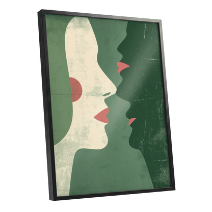 Whispered Profiles, green, beige, red minimalist wall art shown as a black framed poster wall art print
