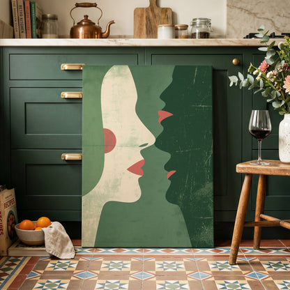 Whispered Profiles, green, beige, red minimalist wall art on canvas displayed in a styled interior, gallery view 1