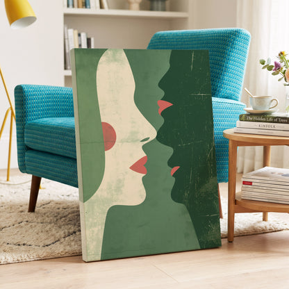 Whispered Profiles, green, beige, red minimalist wall art on canvas displayed in a styled interior, gallery view 2