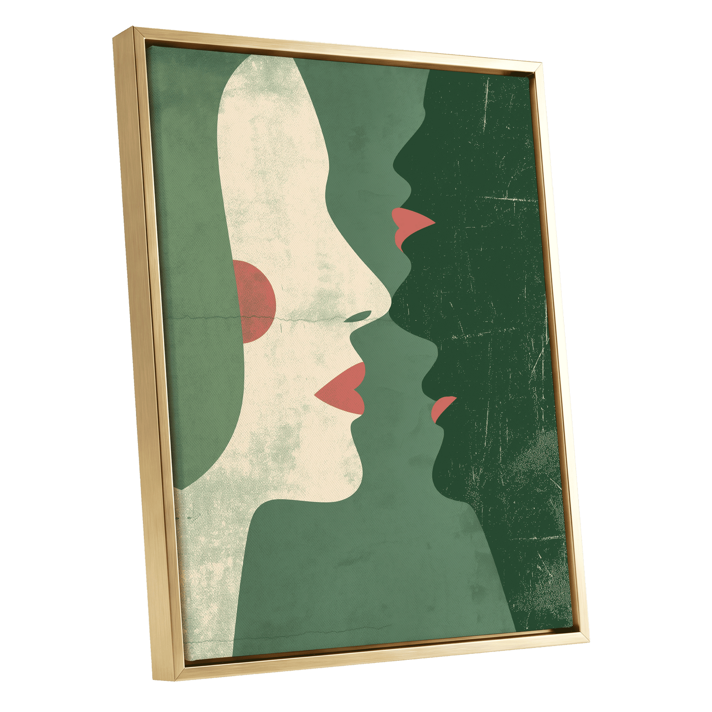 Whispered Profiles, green, beige, red minimalist wall art shown as a gold framed canvas wall art