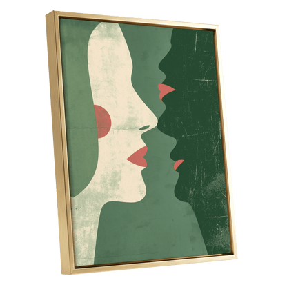 Whispered Profiles, green, beige, red minimalist wall art shown as a gold framed canvas wall art
