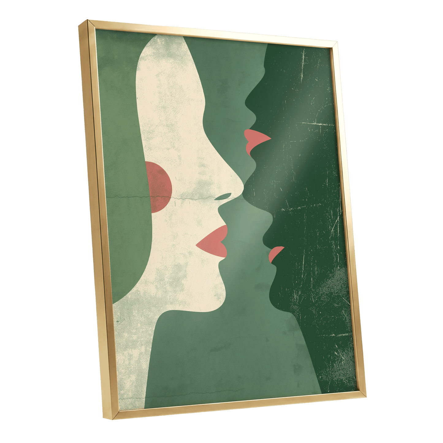 Whispered Profiles, green, beige, red minimalist wall art shown as a gold framed poster wall art print
