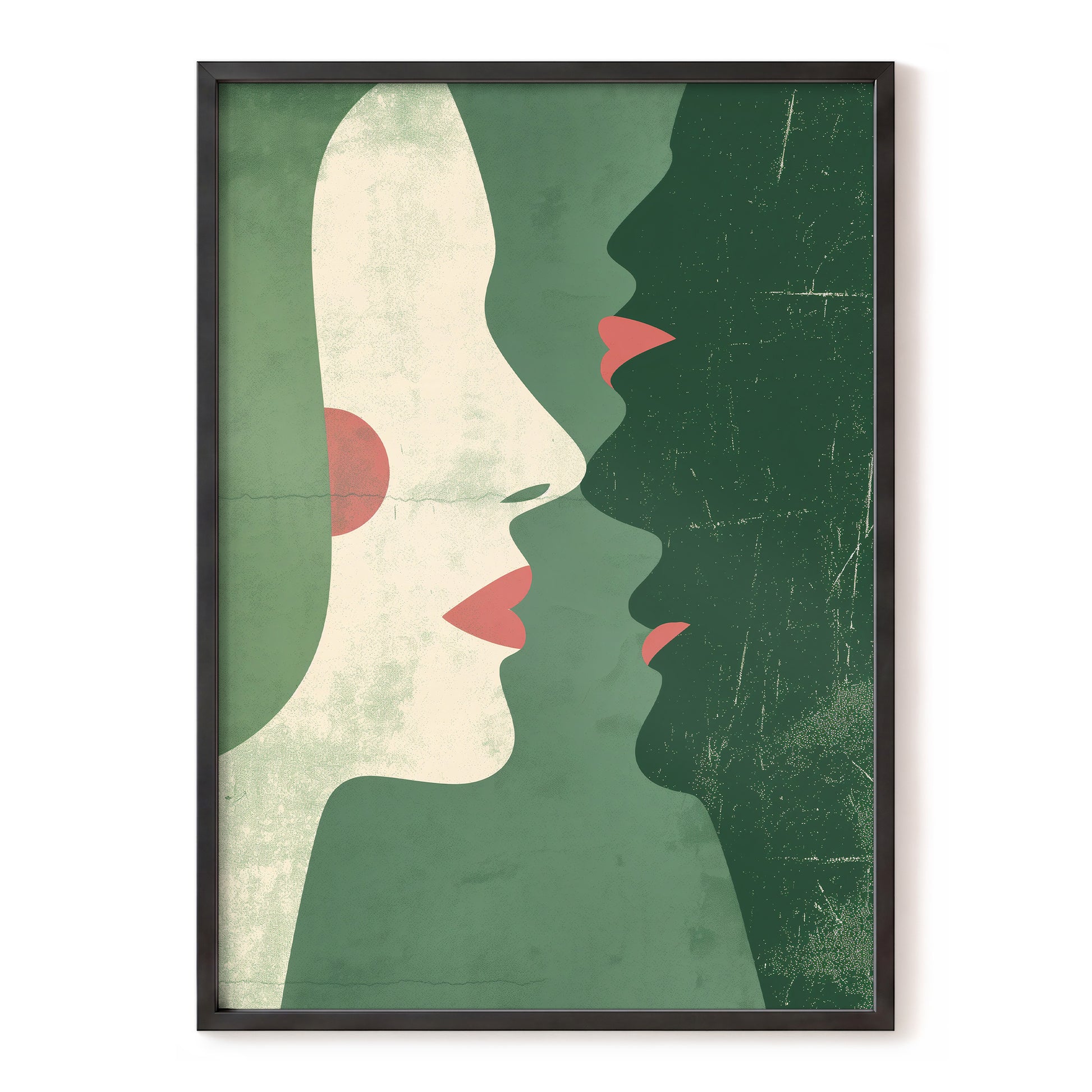 Whispered Profiles, green, beige, red minimalist wall art, front artwork view