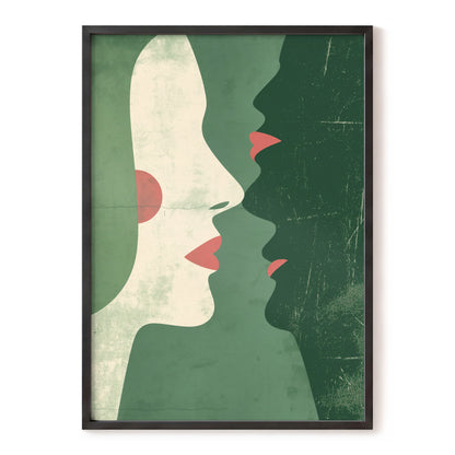 Whispered Profiles, green, beige, red minimalist wall art, front artwork view