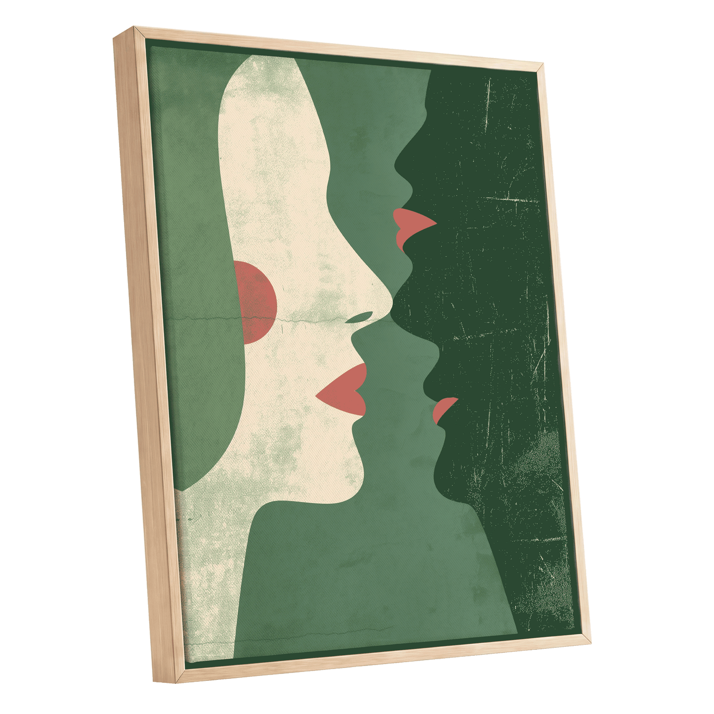 Whispered Profiles, green, beige, red minimalist wall art shown as a oak framed canvas wall art