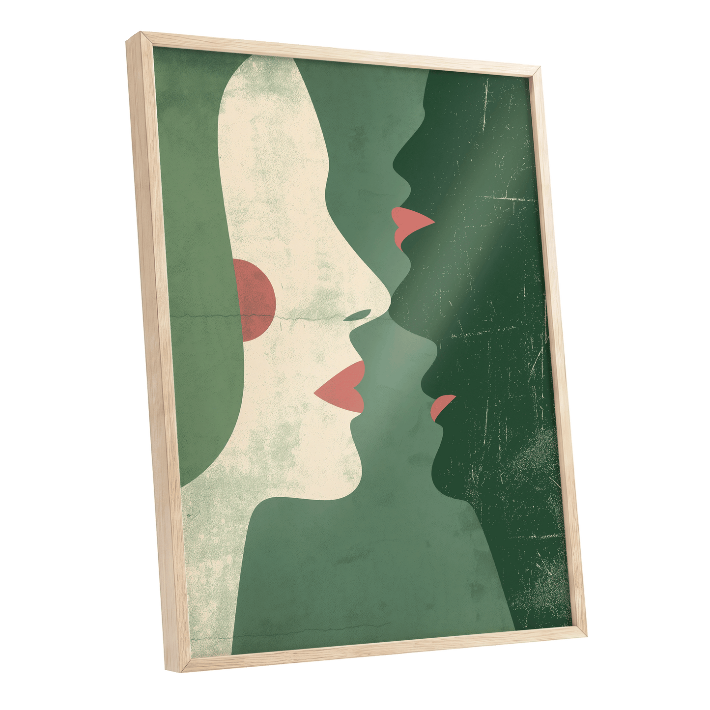 Whispered Profiles, green, beige, red minimalist wall art shown as a oak framed poster wall art print