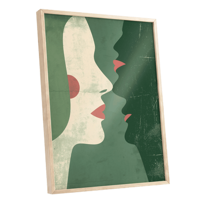 Whispered Profiles, green, beige, red minimalist wall art shown as a oak framed poster wall art print