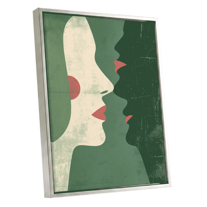 Whispered Profiles, green, beige, red minimalist wall art shown as a silver framed canvas wall art