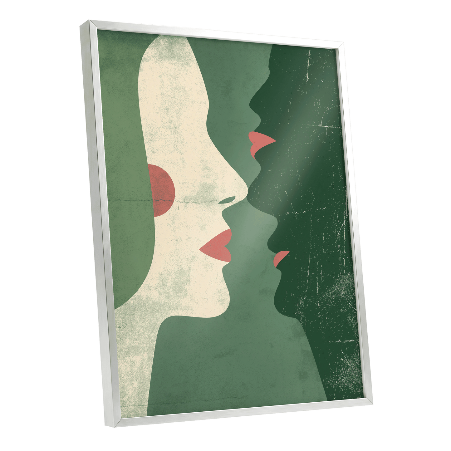 Whispered Profiles, green, beige, red minimalist wall art shown as a silver framed poster wall art print