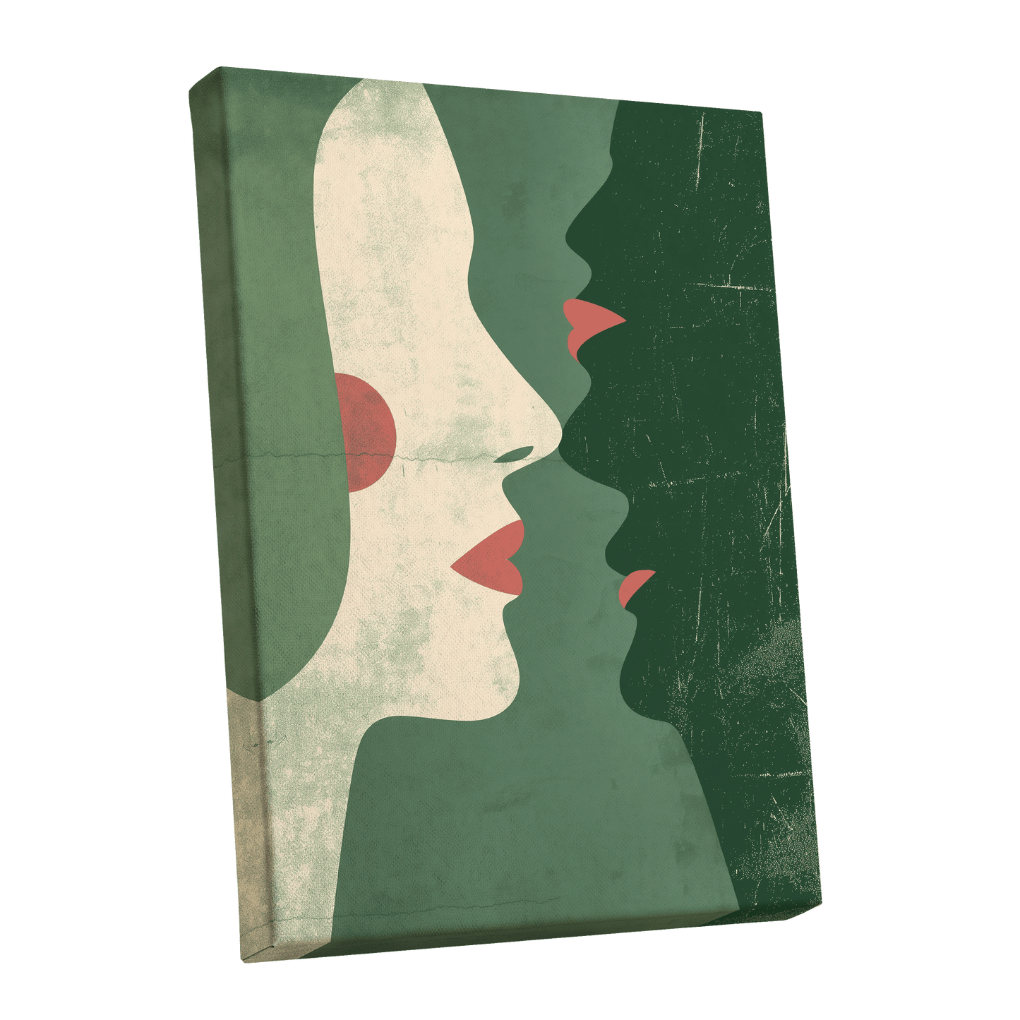 Whispered Profiles, green, beige, red minimalist wall art shown as a stretched canvas wall art