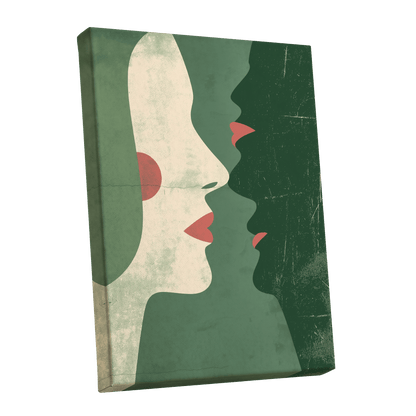 Whispered Profiles, green, beige, red minimalist wall art shown as a stretched canvas wall art