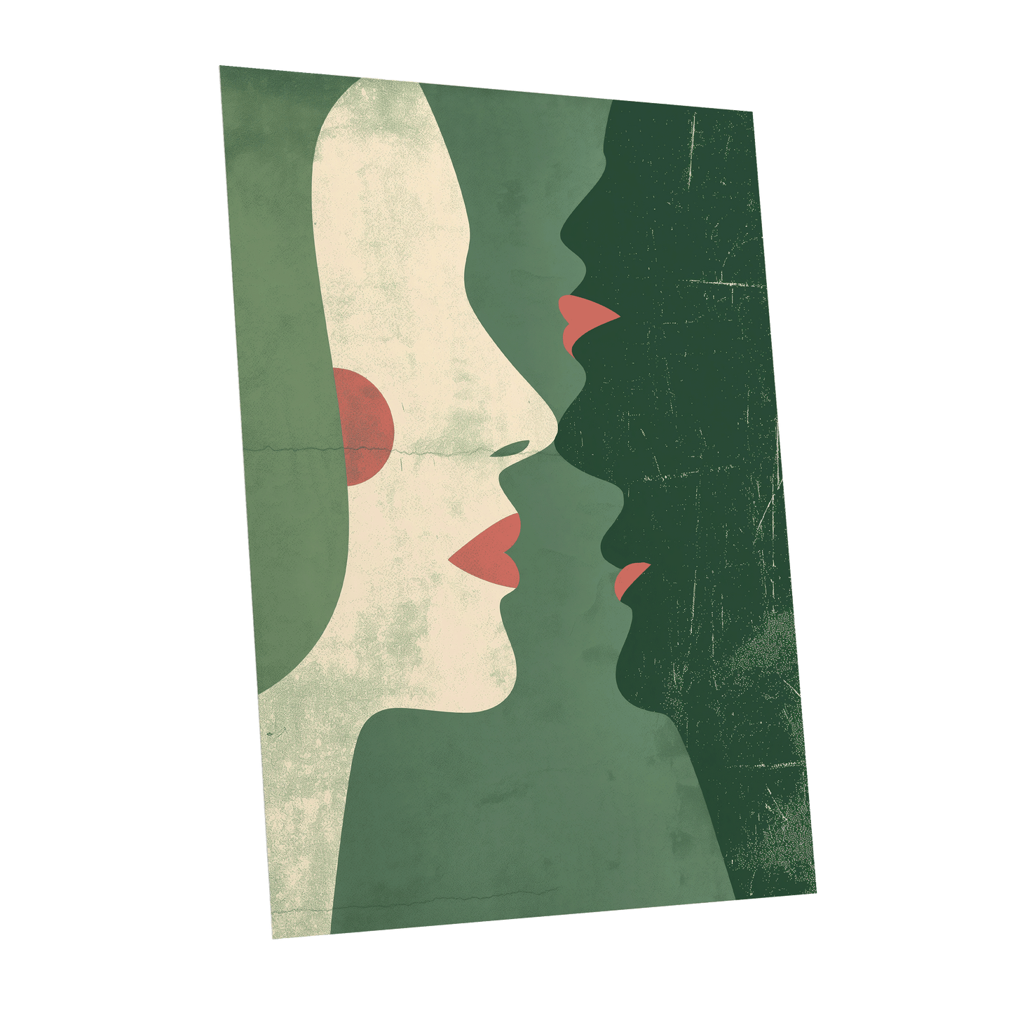Whispered Profiles, green, beige, red minimalist wall art shown as a unframed poster wall art print