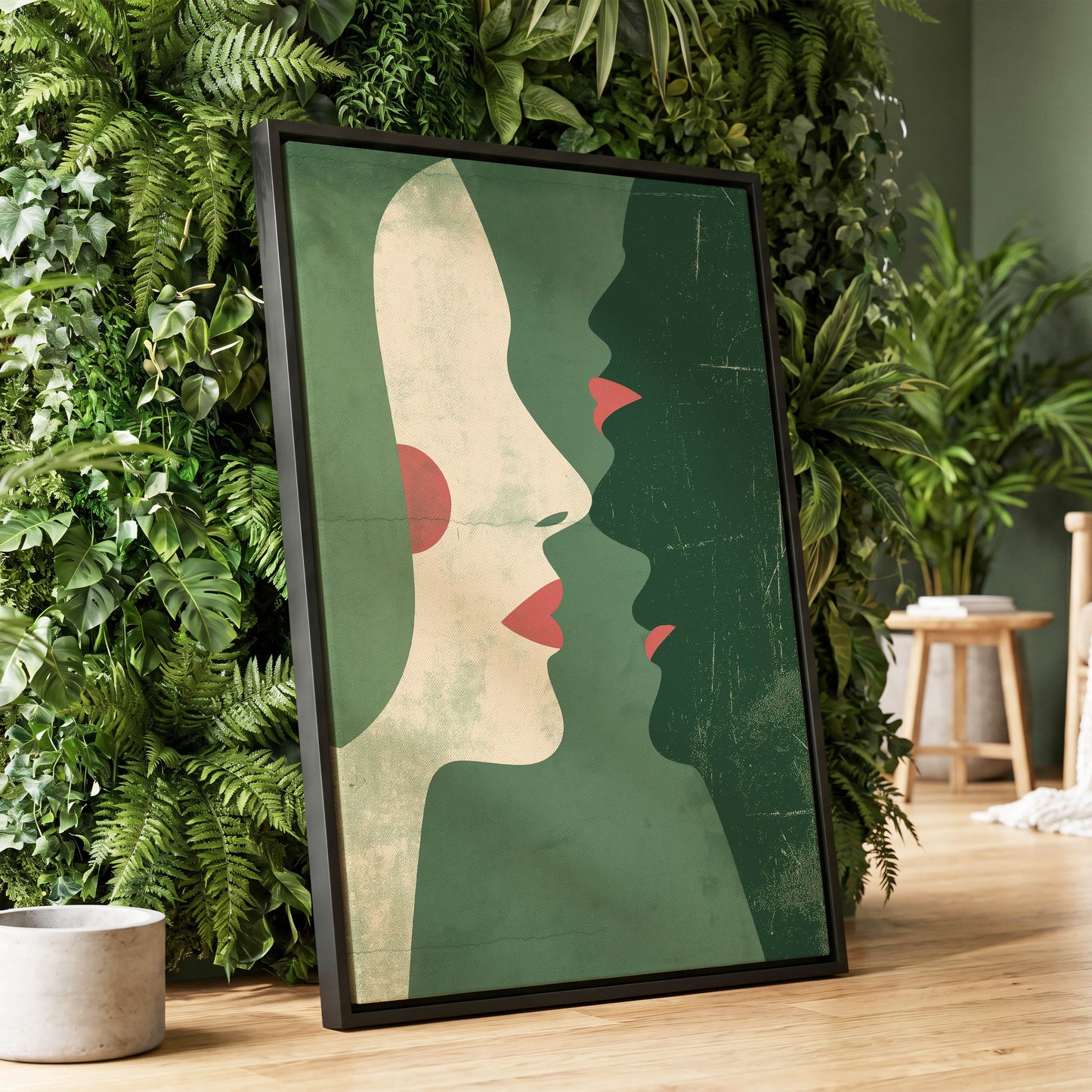 Whispered Profiles, green, beige, red minimalist wall art displayed in a styled interior, gallery view 1
