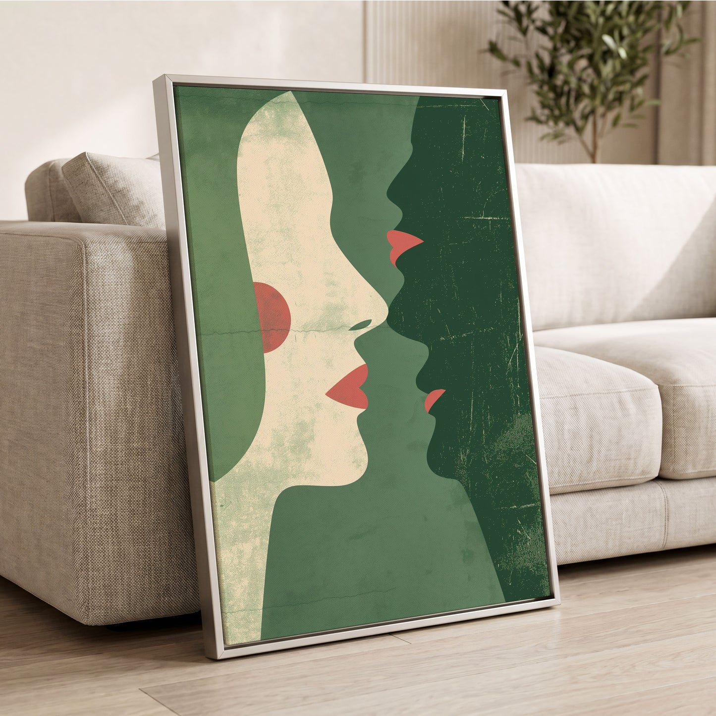 Whispered Profiles, green, beige, red minimalist wall art displayed in a styled interior, gallery view 2