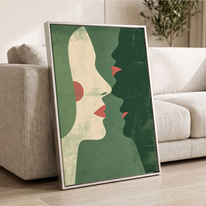 Whispered Profiles, green, beige, red minimalist wall art displayed in a styled interior, gallery view 2