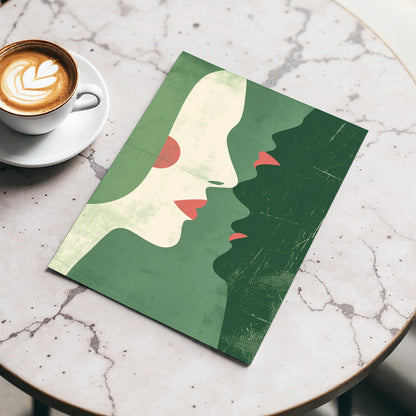 Whispered Profiles, green, beige, red minimalist wall art displayed in a styled interior, gallery view 3