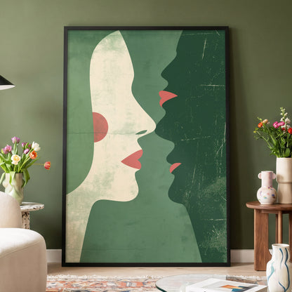 Whispered Profiles, green, beige, red minimalist wall art displayed in a styled interior, gallery view 4