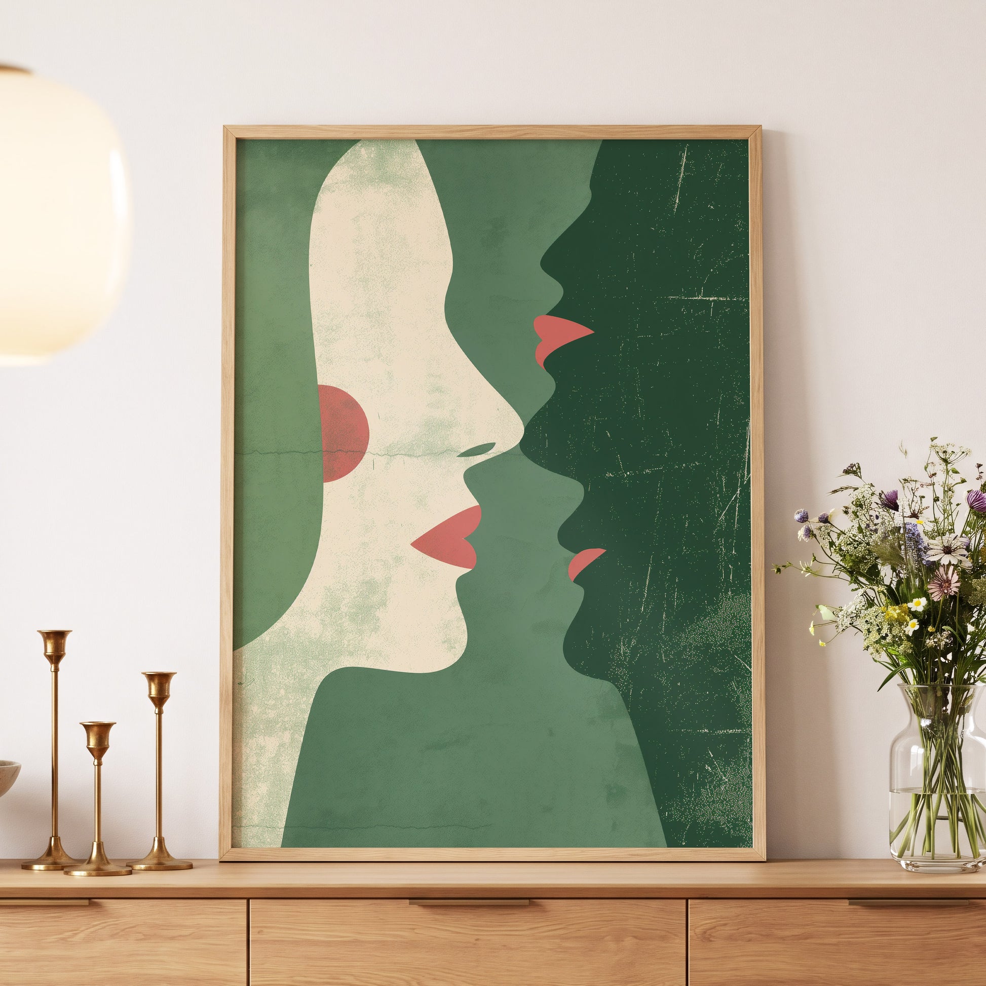 Whispered Profiles, green, beige, red minimalist wall art displayed in a styled interior, gallery view 5