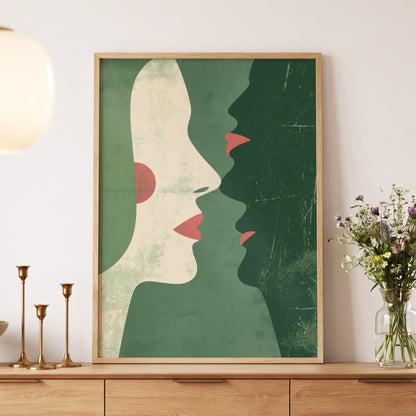 Whispered Profiles, green, beige, red minimalist wall art displayed in a styled interior, gallery view 5