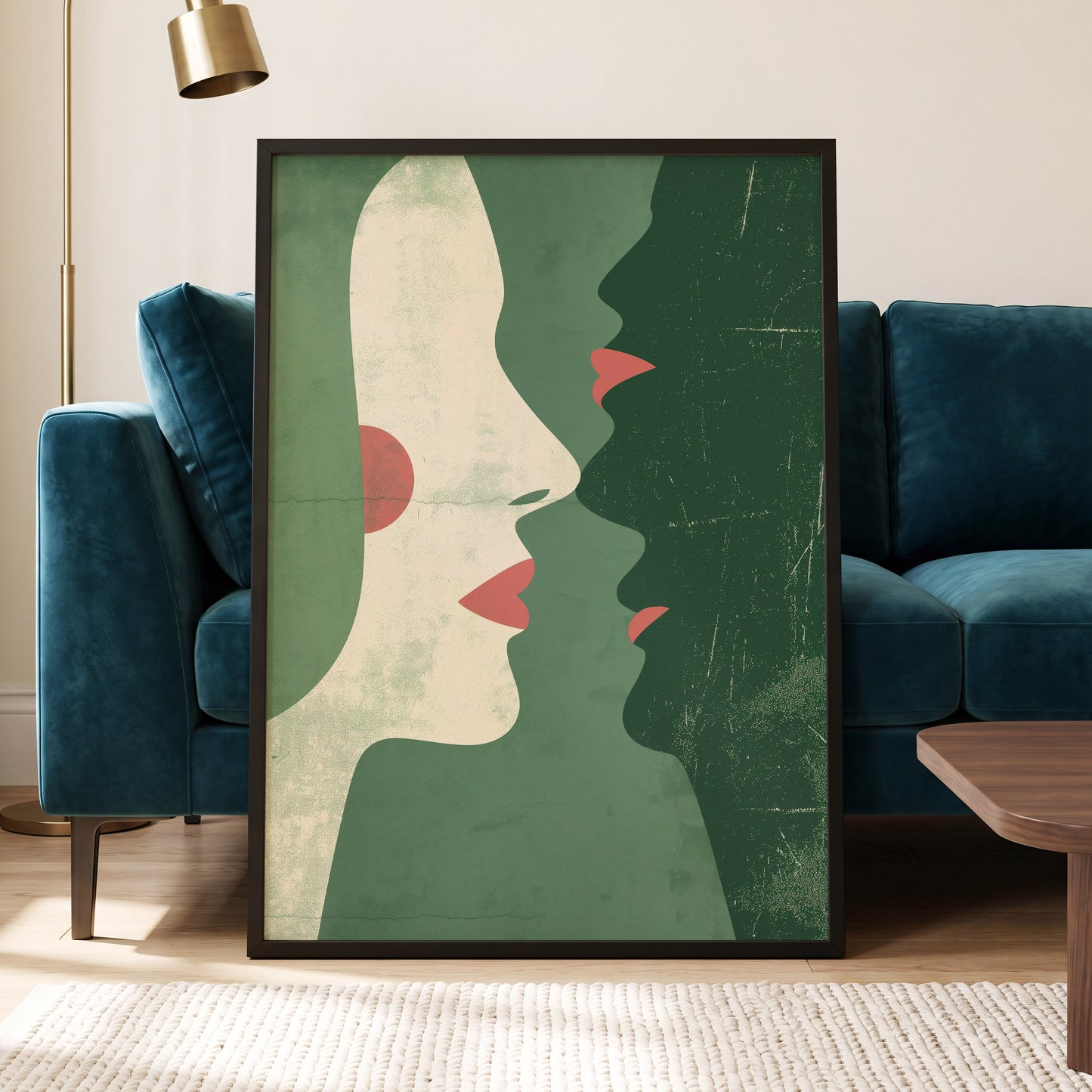 Whispered Profiles, green, beige, red minimalist wall art displayed in a styled interior, gallery view 6