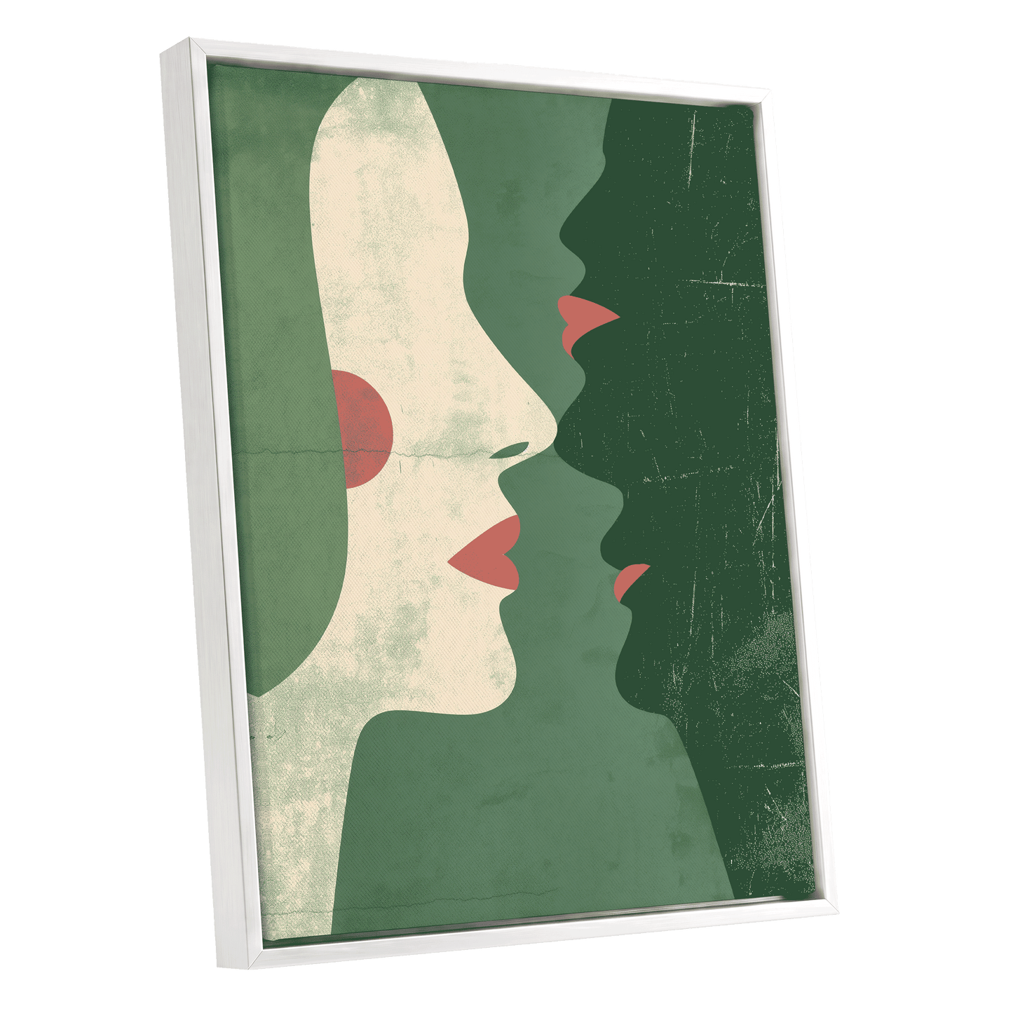Whispered Profiles, green, beige, red minimalist wall art shown as a white framed canvas wall art