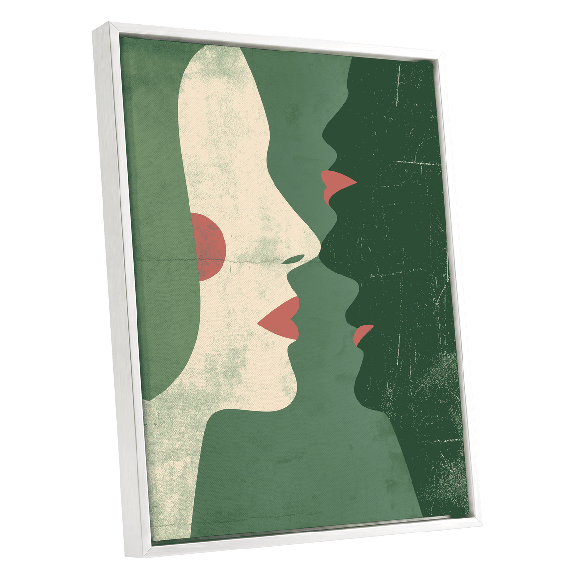 Whispered Profiles, green, beige, red minimalist wall art shown as a white framed canvas wall art