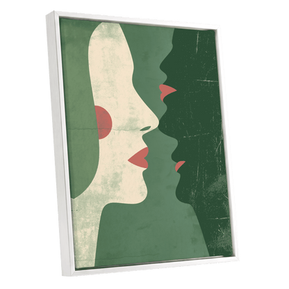 Whispered Profiles, green, beige, red minimalist wall art shown as a white framed canvas wall art