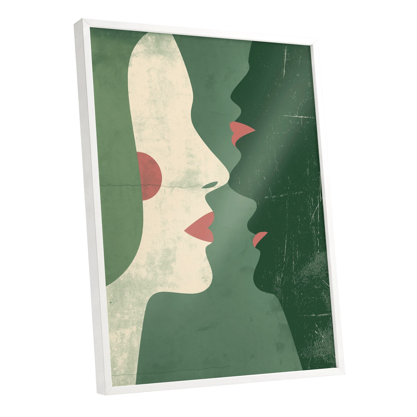 Whispered Profiles, green, beige, red minimalist wall art shown as a white framed poster wall art print