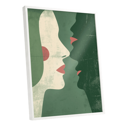 Whispered Profiles, green, beige, red minimalist wall art shown as a white framed poster wall art print