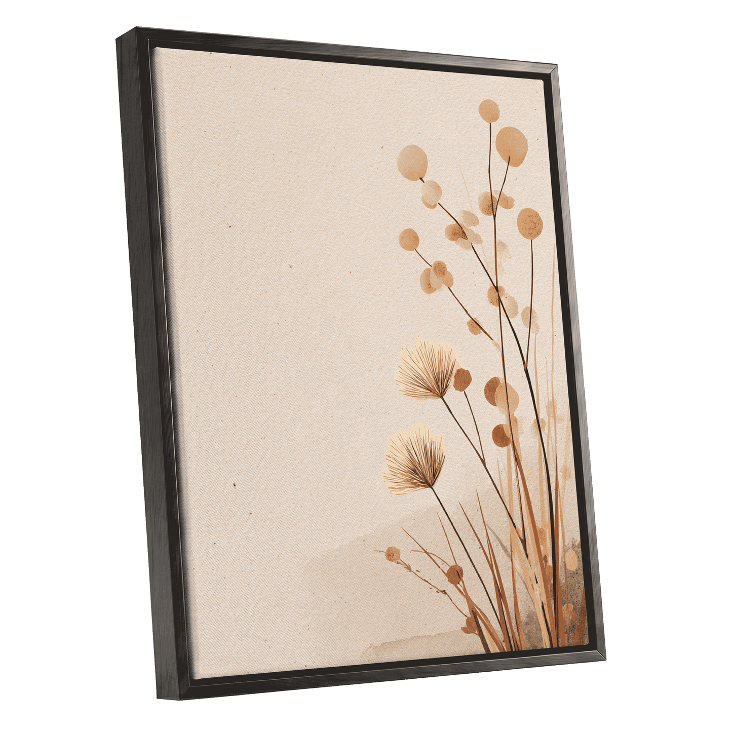 Whispers in the Reeds, beige, brown, orange nature wall art shown as a black framed canvas wall art
