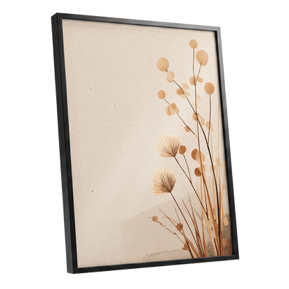 Whispers in the Reeds, beige, brown, orange nature wall art shown as a black framed poster wall art print