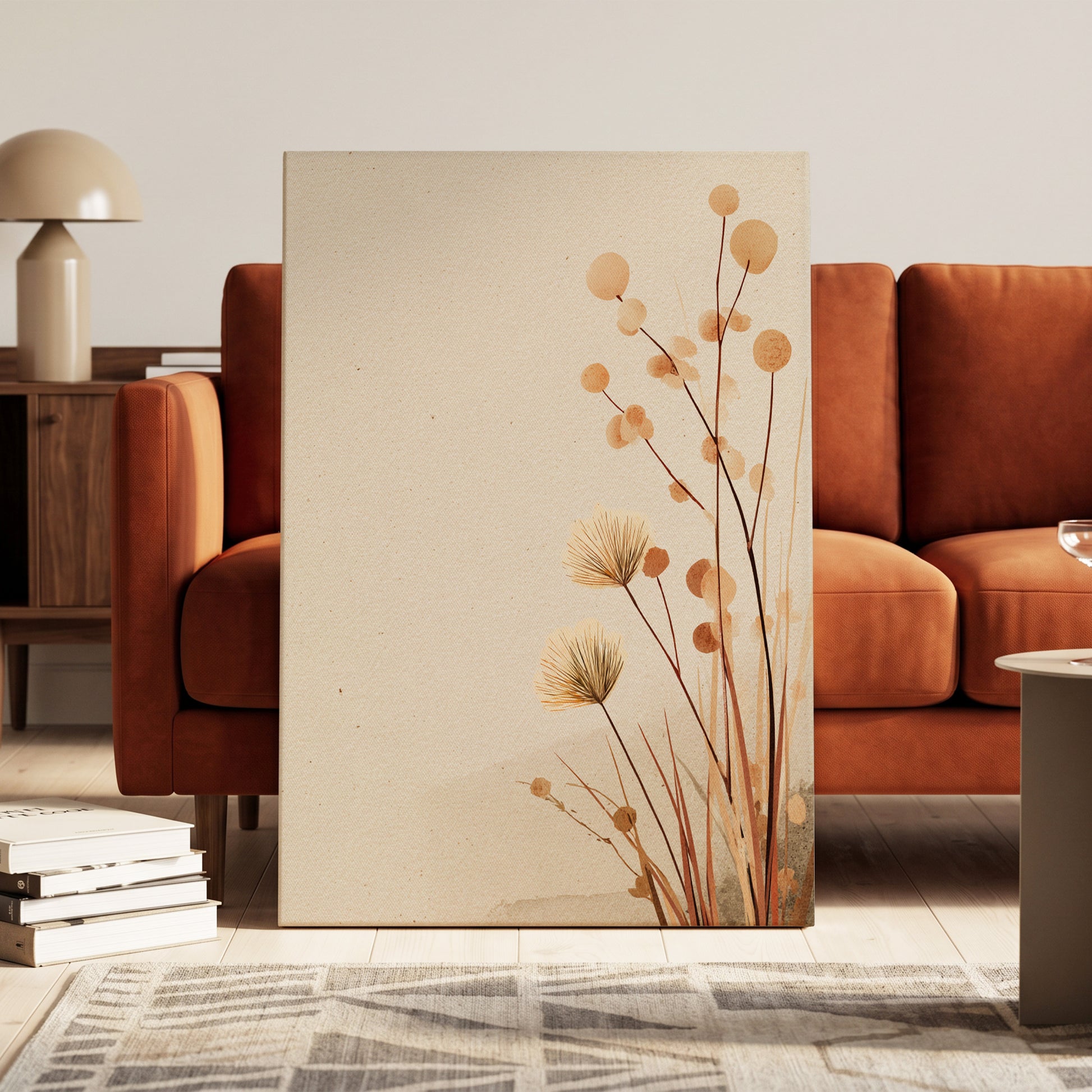 Whispers in the Reeds, beige, brown, orange nature wall art on canvas displayed in a styled interior, gallery view 1