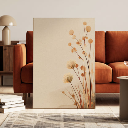 Whispers in the Reeds, beige, brown, orange nature wall art on canvas displayed in a styled interior, gallery view 1