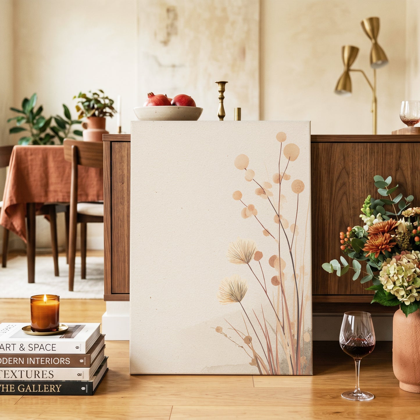 Whispers in the Reeds, beige, brown, orange nature wall art on canvas displayed in a styled interior, gallery view 2