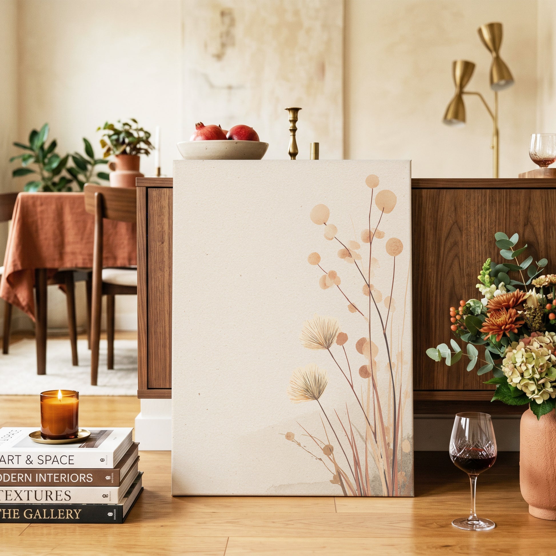 Whispers in the Reeds, beige, brown, orange nature wall art on canvas displayed in a styled interior, gallery view 2