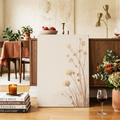 Whispers in the Reeds, beige, brown, orange nature wall art on canvas displayed in a styled interior, gallery view 2