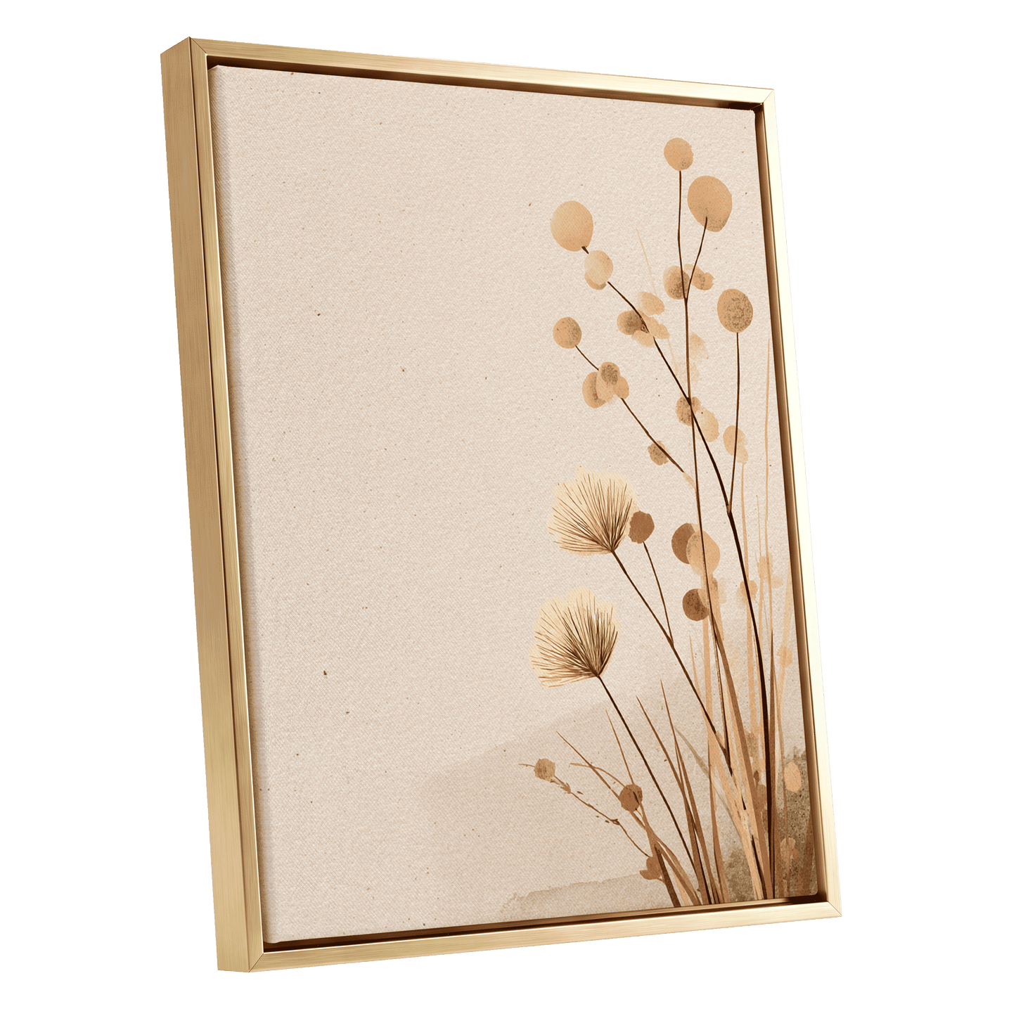 Whispers in the Reeds, beige, brown, orange nature wall art shown as a gold framed canvas wall art