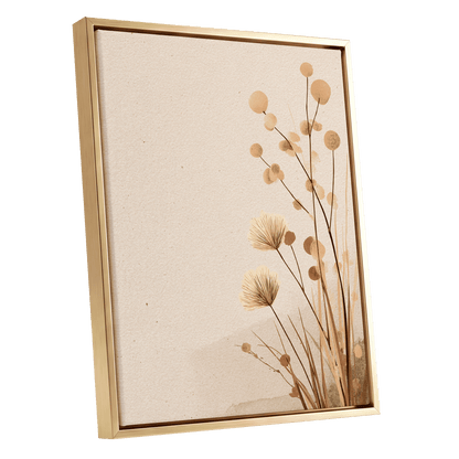 Whispers in the Reeds, beige, brown, orange nature wall art shown as a gold framed canvas wall art