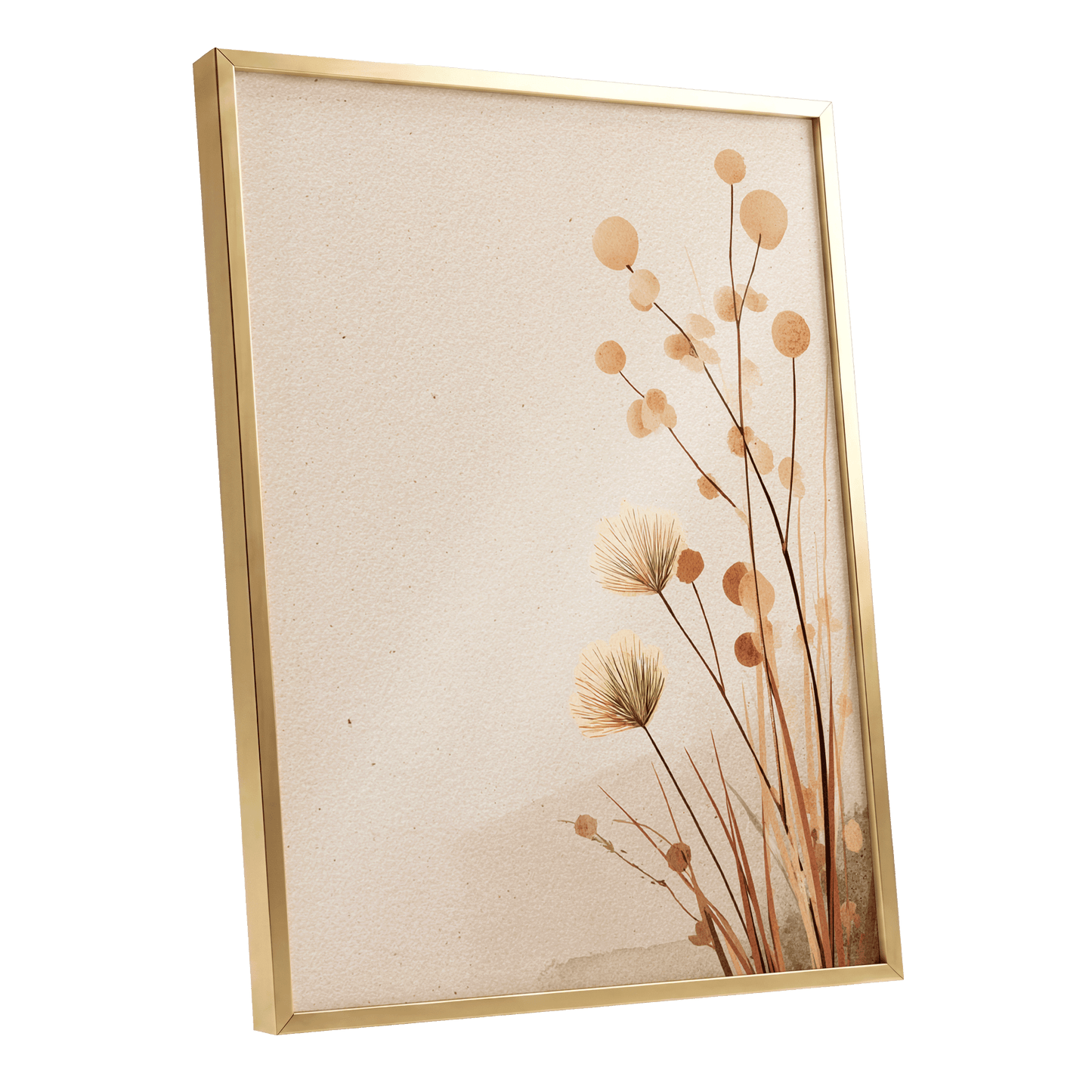 Whispers in the Reeds, beige, brown, orange nature wall art shown as a gold framed poster wall art print