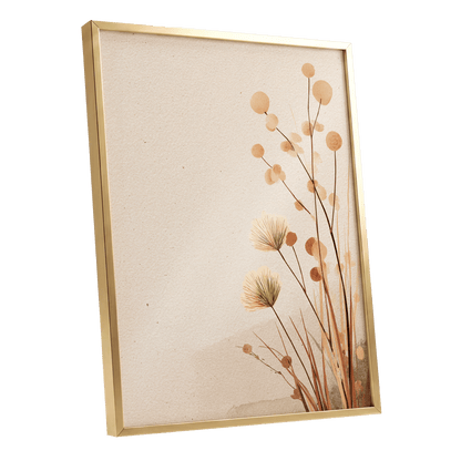 Whispers in the Reeds, beige, brown, orange nature wall art shown as a gold framed poster wall art print