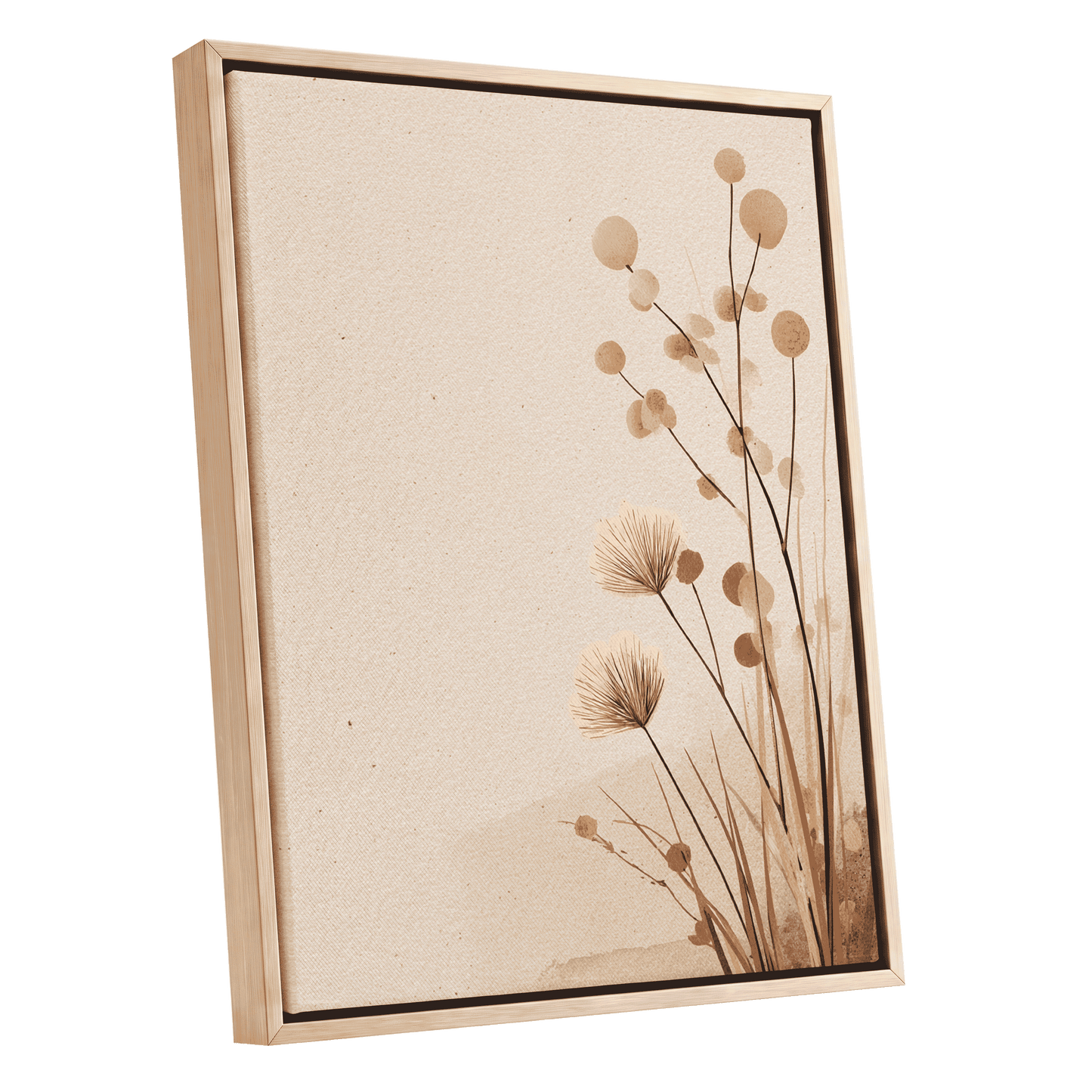Whispers in the Reeds, beige, brown, orange nature wall art shown as a oak framed canvas wall art