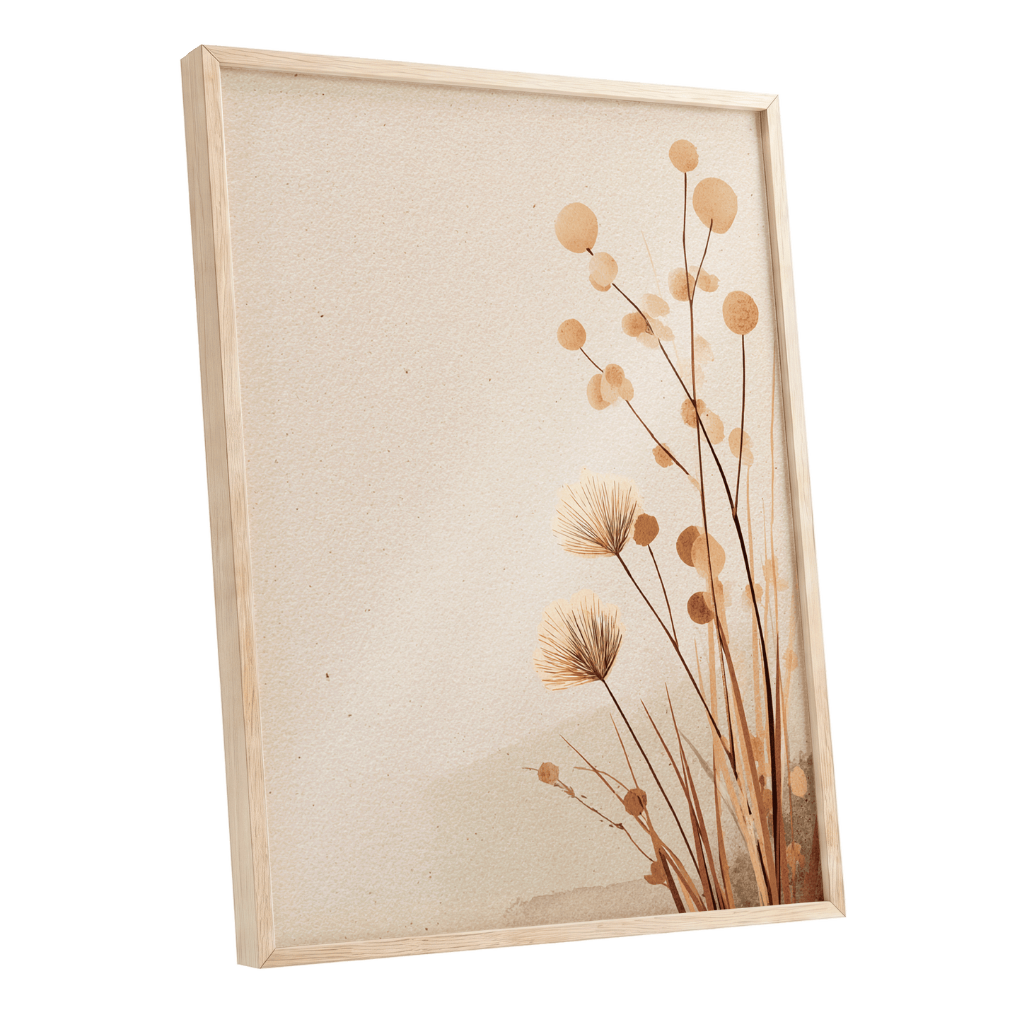 Whispers in the Reeds, beige, brown, orange nature wall art shown as a oak framed poster wall art print
