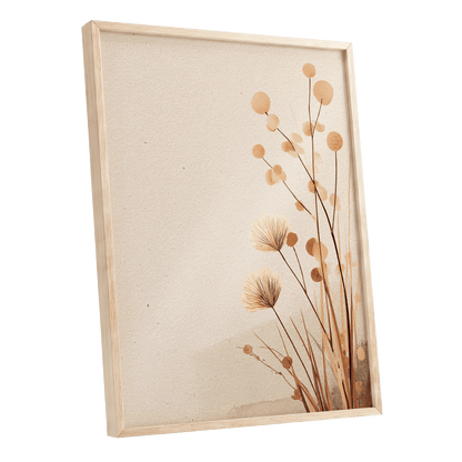 Whispers in the Reeds, beige, brown, orange nature wall art shown as a oak framed poster wall art print
