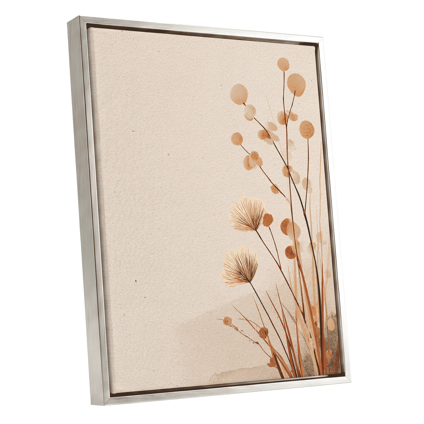 Whispers in the Reeds, beige, brown, orange nature wall art shown as a silver framed canvas wall art